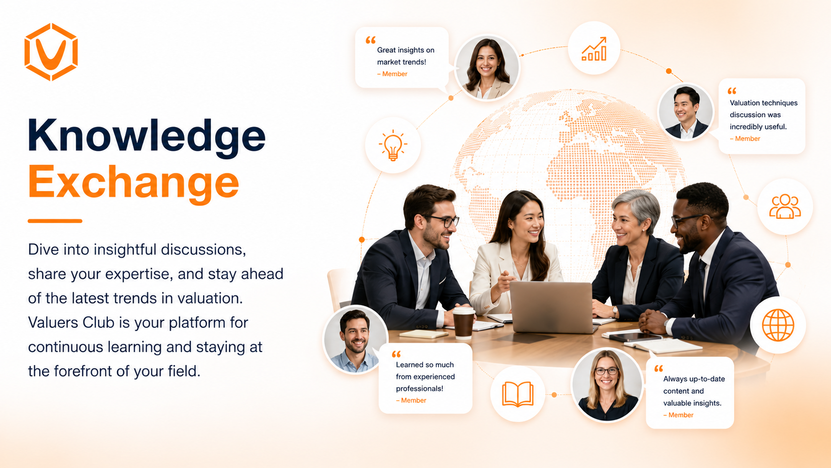 Knowledge Exchange | Valuers Club Professional 16:9 corporate banner showing diverse valuation professionals collaborating in a modern meeting environment under the theme “Knowledge Exchange.” The design features the Valuers Club logo, a global network graphic, discussion icons, and text highlighting continuous learning, industry insights, and expertise sharing.