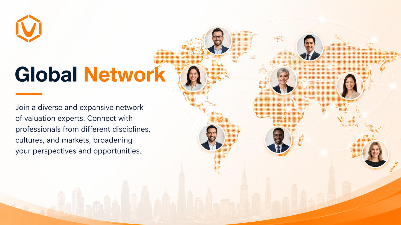 Global Network – Connect with Valuation Experts Worldwide Professional 16:9 corporate banner featuring the “Global Network” theme with the Valuers Club logo, a connected world map, and diverse valuation professionals representing global collaboration and networking opportunities.