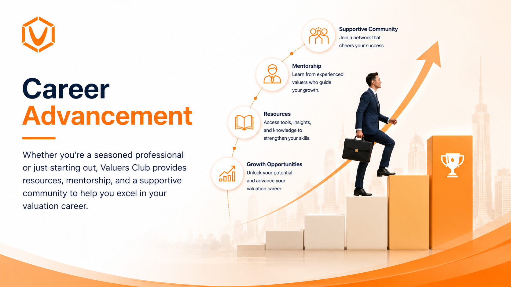 Professional 16:9 banner showing a businessperson climbing upward steps with growth icons and mentorship visuals, representing career advancement opportunities through Valuers Club. Career Advancement – Grow Your Valuation Career with Valuers Club